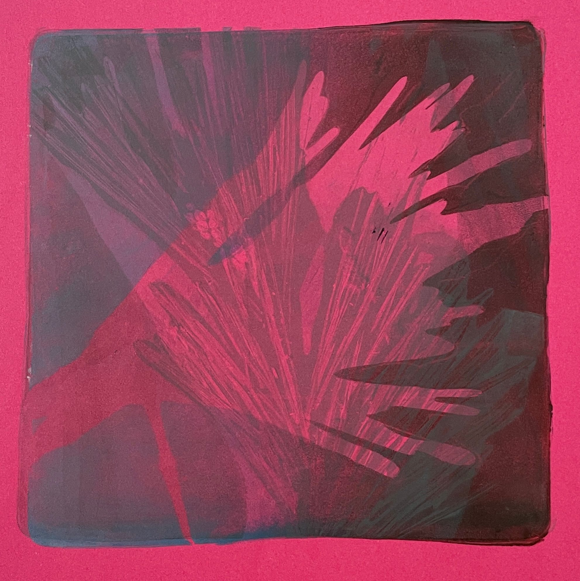 A gelli print on pink paper with various layer, some detailed some more abstract in blue & brown ink.