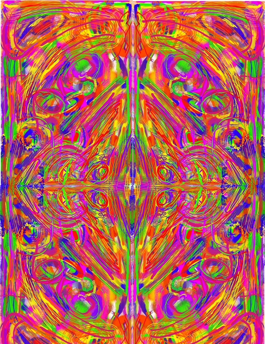 Abstract digital painting rotated and copied then flipped vertically and the result then copied and flipped horzontally. The resulting image is the combined result, symmetrical across the central vertical and horizontal axes.