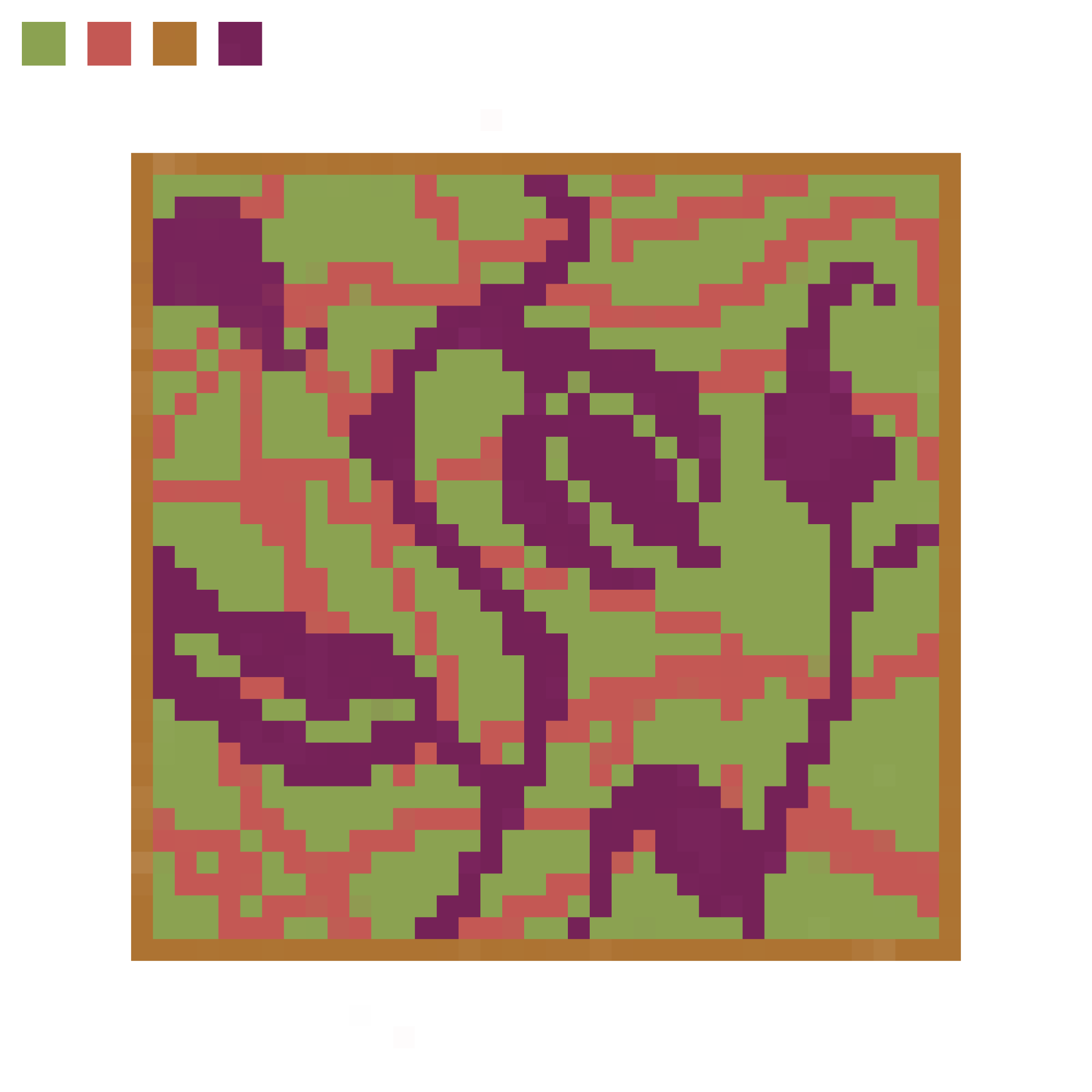Green, pink, purple and mauve pixel art presenting interwoven vines