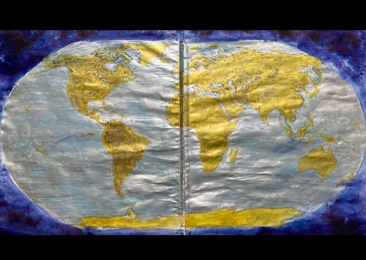 This is a map of the world that I started to blot the names out from the cities, oceans, all the writing that some person has named and instead it’s a flag of the world it has gold acrylic for the land and silver acrylic for the oceans and water, this is my flag of the earth and is a flag for us all no names, no boarders no restrictions of any sort, I may in the future make a map with just the mountains, rivers and earth topography but I’m happy with this and hope that others like this idea. I was going to do a flag like Lebanon with trees but I think this is more pertinent for our times and the future.