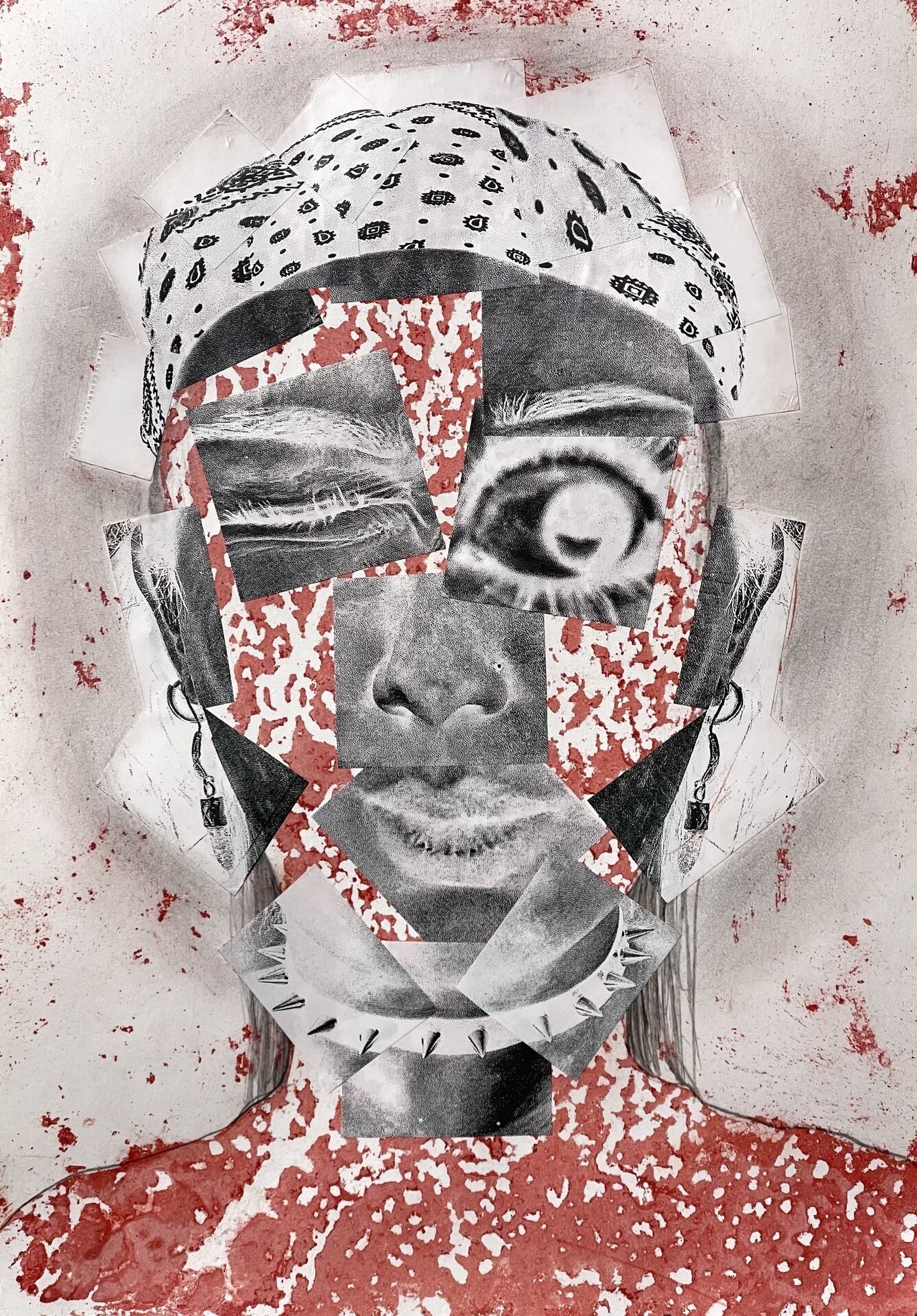 A mixed-media collage portrait of a person wearing a bandana and a spiked collar. The facial features are printed in negative (inverted colors) and manually cut into rough, overlapping squares, creating a 'messy' and fragmented effect. The figure's skin is covered in an organic red pattern that resembles cellular structures, contrasting with the monochromatic tones of the portrait.