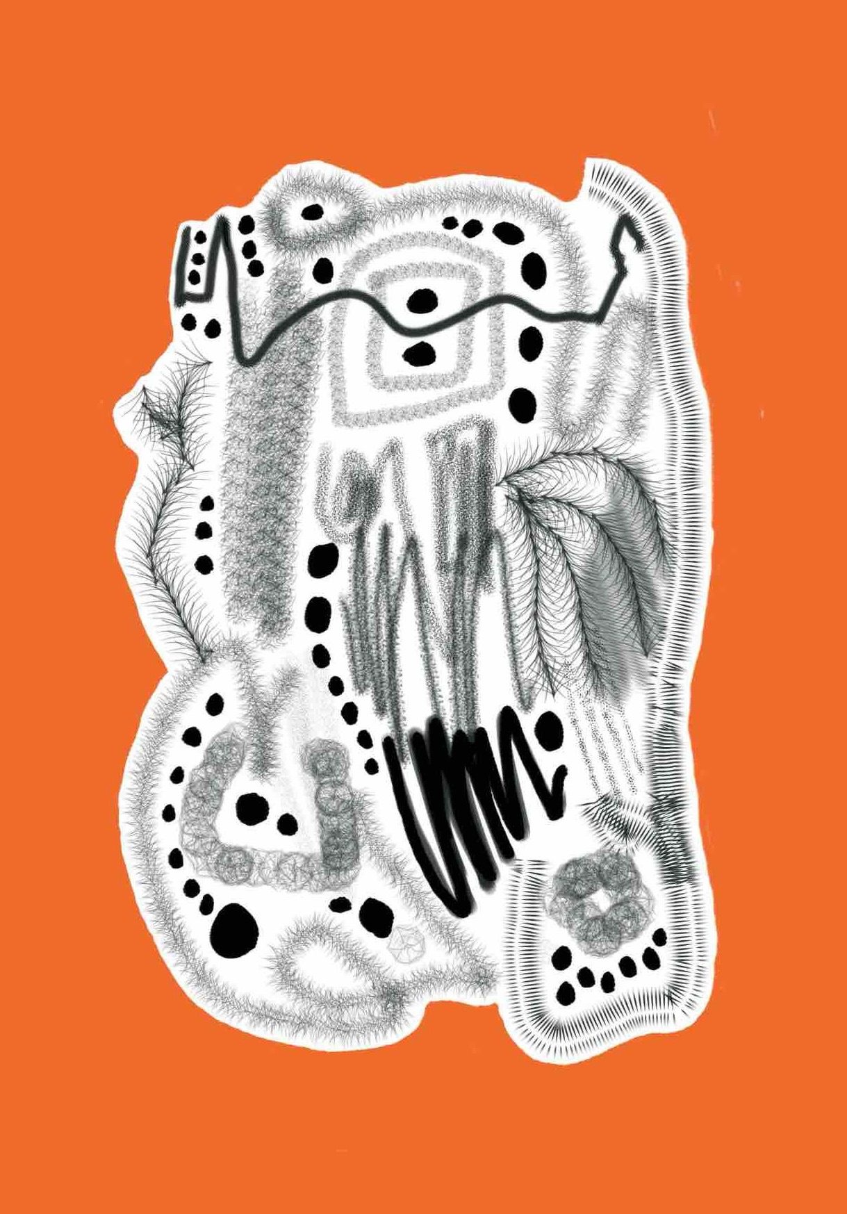 An orange background with black lines and shapes with various mark making techniques