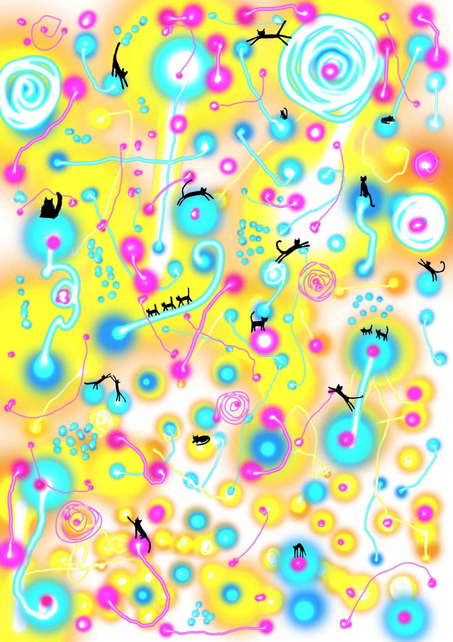 Digital Mark making in several colours in background circles radiating and lines with small black cats scattered about in various positions