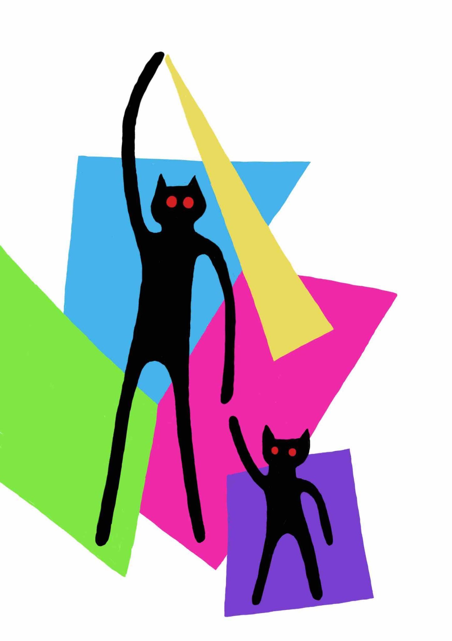 Drawing of long cats with colourful shapes in background and ray of light