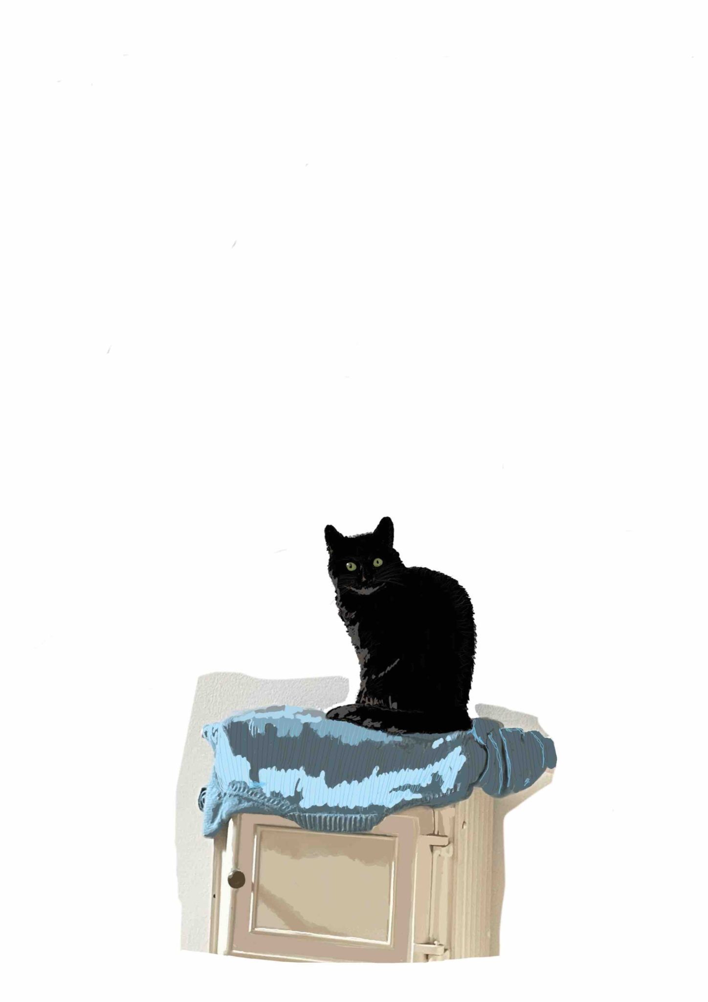 A black cat digital drawing on a blue jumper on a radiator