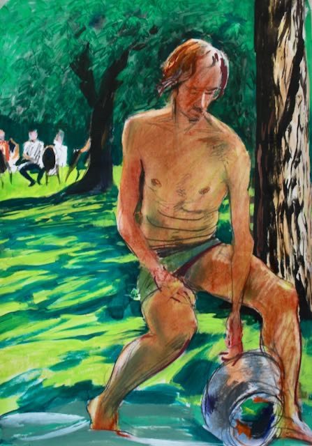 A drawing in mixed media of a young man looking down at a bucket with a hole in it..