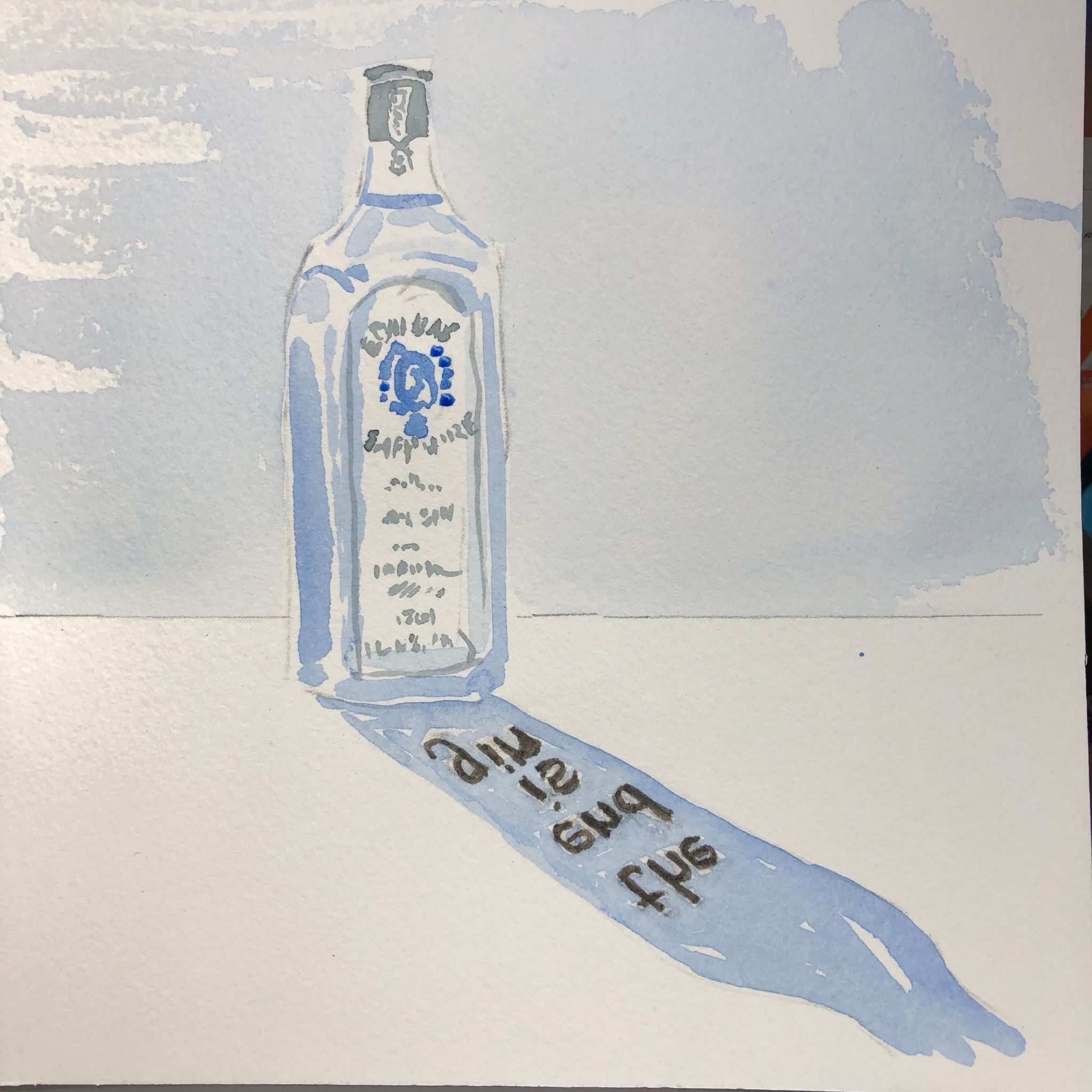 Watercolour on paper. The painting depicts a bottle of Bombay Gin with (reversed) writing in the bottle's cast shadow reading 'the end is gin'.