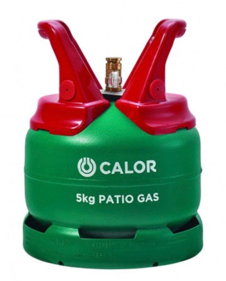 A stock image of a small green propane gas bottle with red handles