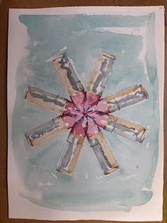 Watercolour on paper. A kaleidoscopic representation of Submission 18 (a risograph of the calibre of bullet used to shoot Andy Warhol).