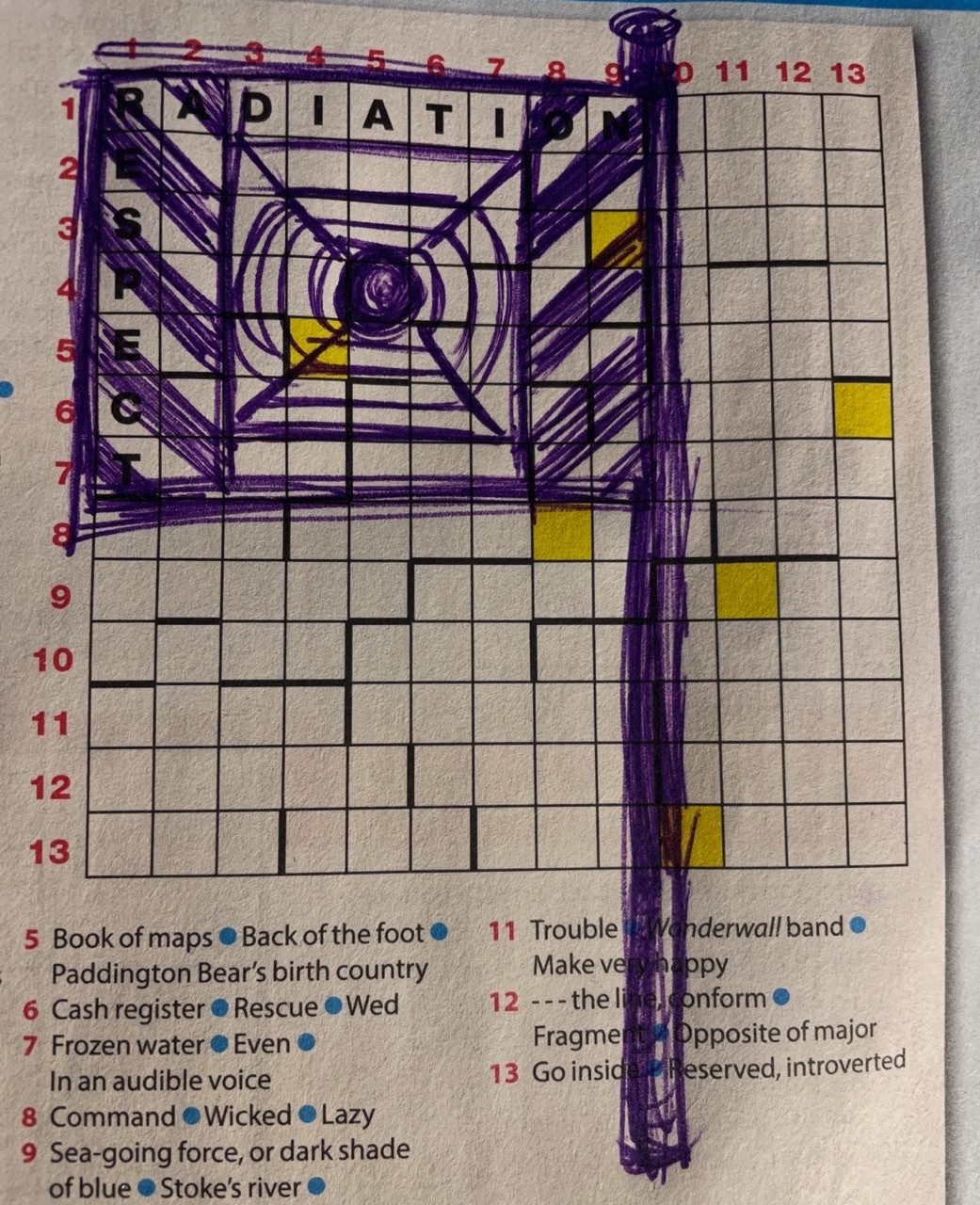 A crossword puzzle has been drawn on top of to make a flag and its pole. Respect and Radiation are the only words in the crossword.