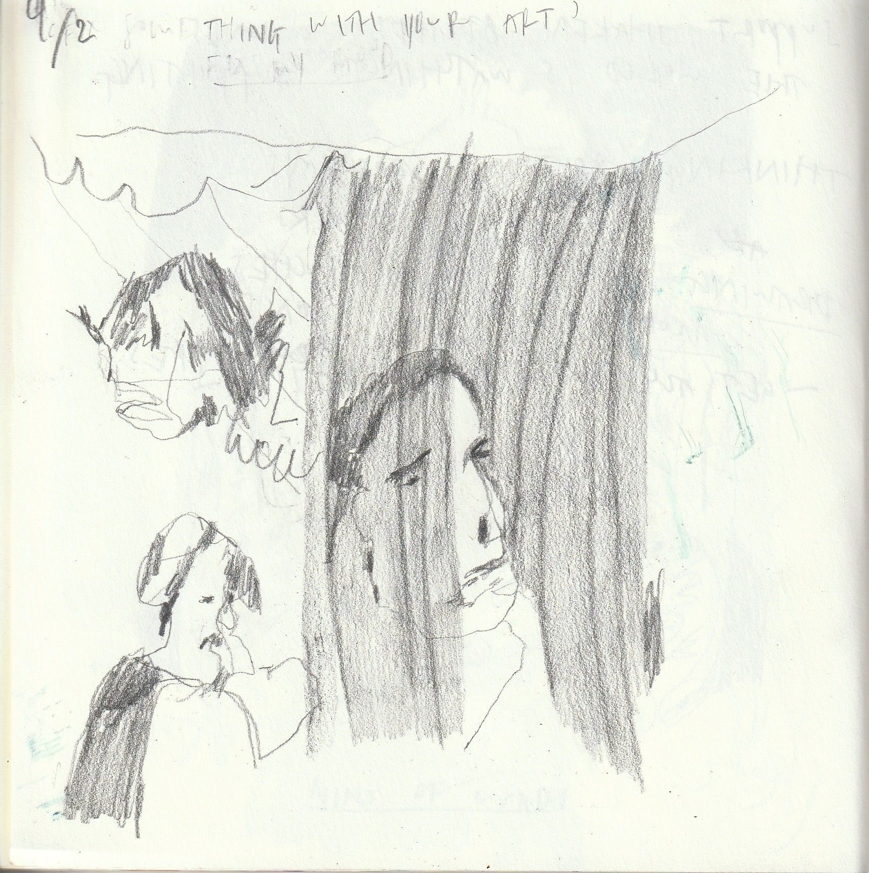 A pencil drawing of three figures, abstracted, based on a Vietnamese coffee place.