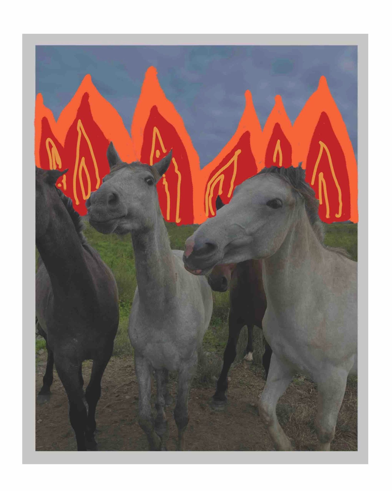 Photo of horses with drawn flames behind them