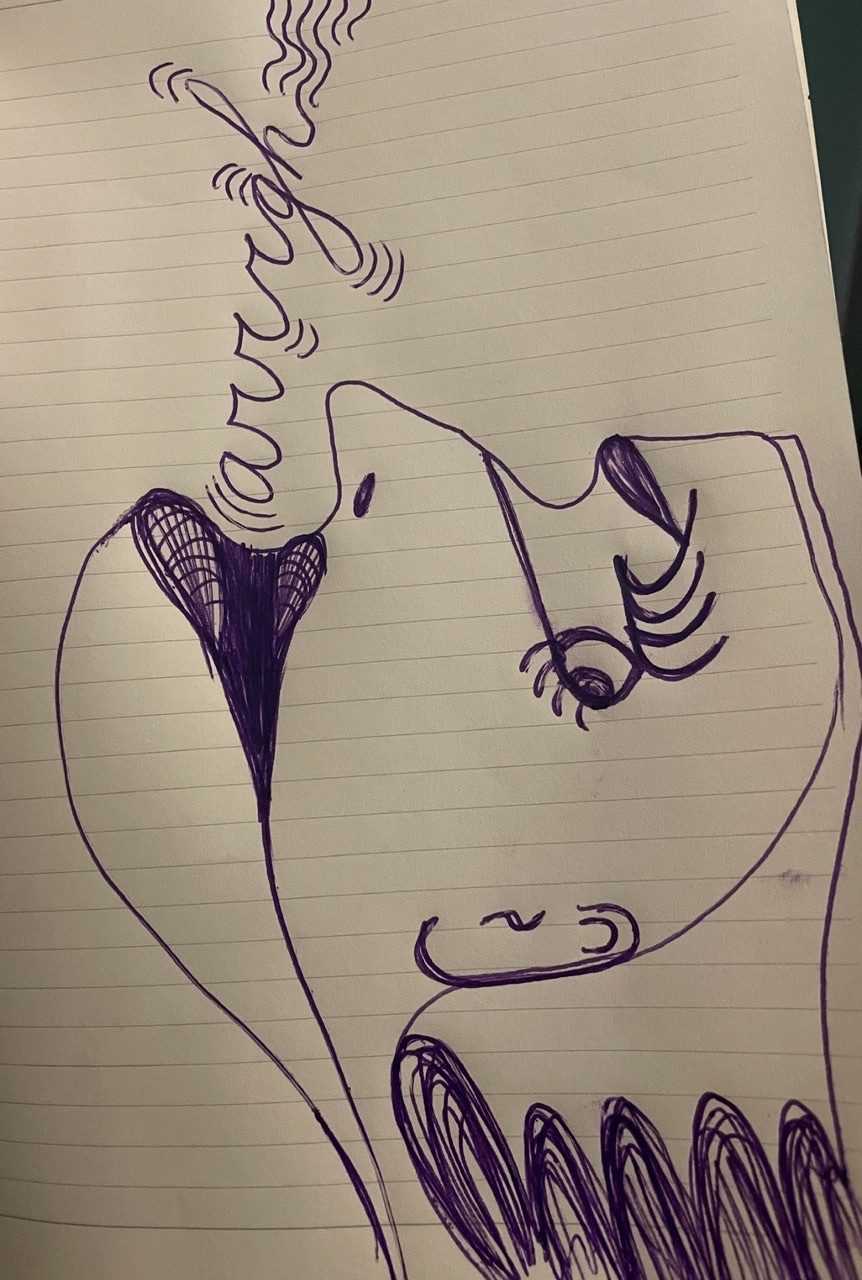 A Picasso inspired drawing in purple pen on grey lined paper or a woman’s face facing up, open mouthed, with the word arrrgh escaping her mouth into the sky.