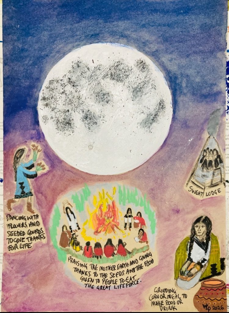 It is a large moon in the middle top of the page with dark blue sky and graduating down to a purple colour background, below the moon is a circle of people sitting round a large fire, there is a shaman woman holding up a bowl on the left side of the fire and there are two musicians on the right side of the fire one with a drum the other with a flute, there are several people you just see minimal figures sitting in a circle the writing says “praising the Mother Earth and giving thanks to the seeds and the food given to people to eat. The great life force. On the left of this scene is a young child in a blue dress the caption says “Dancing with flowers and seeded gourds to give thanks for life” on the right of the fire circle in another scene is a small teepee saying below “Sweat lodge” this has figures sitting in a circle. Below this is a woman with long plaits and the caption reads “ Grinding corn or meal to make food or drink” she has a stone infront and a round squat receptacle made from baked clay. This page 37 comes from a book by Ned Blackhawk saying roughly that Pueblo communities followed seasonal cycles that were developed over generations these cycles are tied to ceremonies, day long retreats, prayer sessions, and dances, among other religious practices without which harvests cannot be conducted.