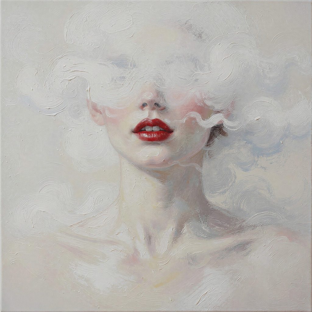 An oil painting featuring a woman with red lips while her eyes and forehead are obscured with white paint