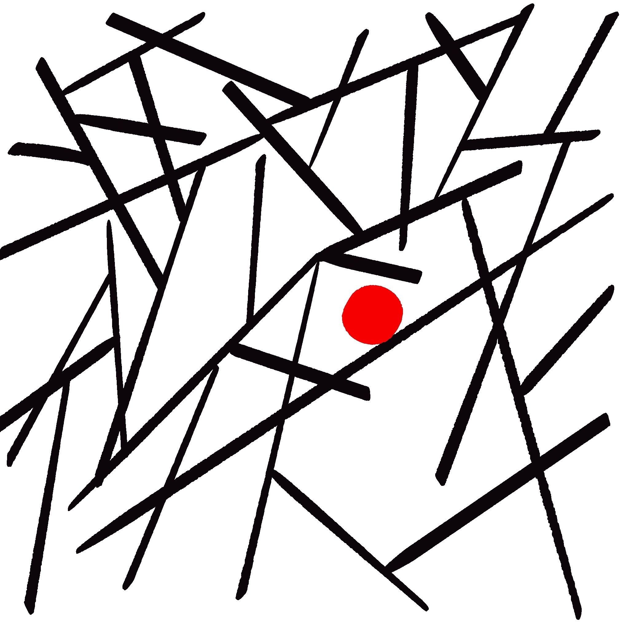 A red dot among black lines in all directions
