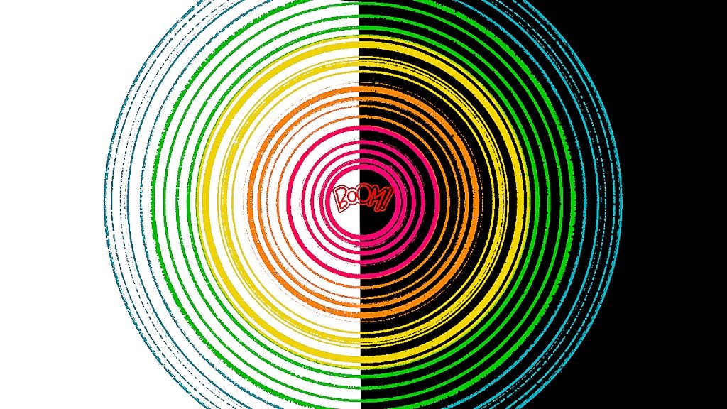 A circular echo graphic with rainbow colours against a half white half black background