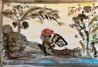 Ink and pencil drawing of a person reading in the sunshine