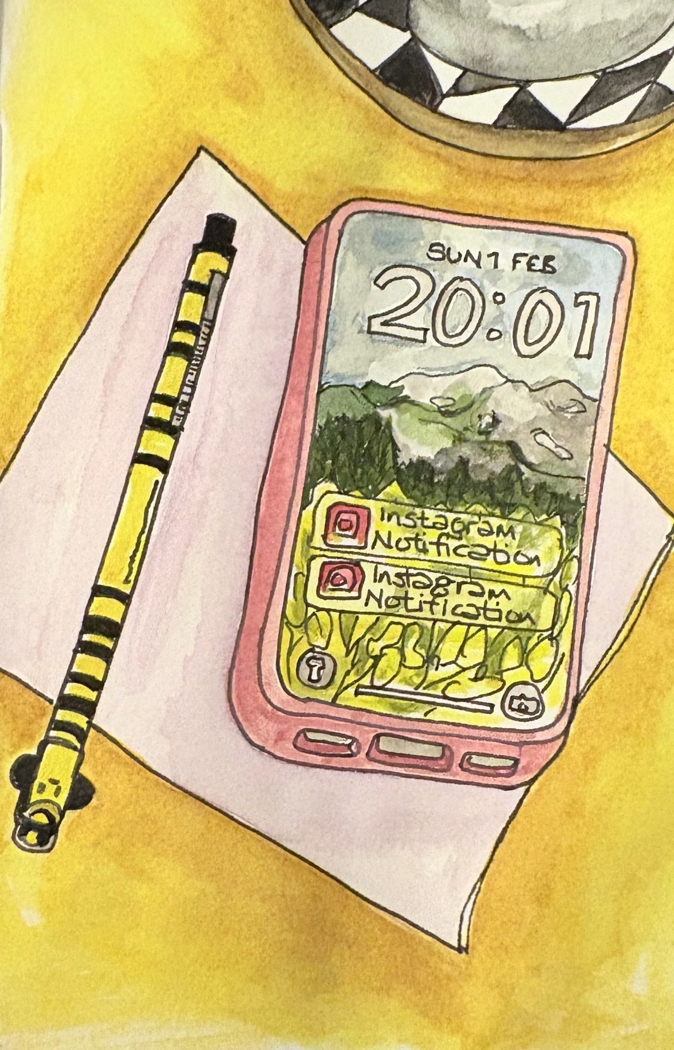 iPhone and bee pen on a coffee table painted with watercolours