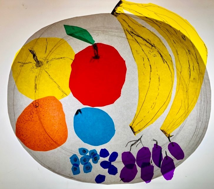 Title “You Are What You Eat. I have made a paper circle drawn like a plate very simply, with plastic coloured gel film of various colours on the plate is 2 Yellow Bananas with spots and the bottom detail of the banana base and the tops with black ink, there is a red coloured apple with a green colour gel leaf, there is a large Yellow Tomato with a little detail there is a blue plum also, blueberries a small pile of maybe 5 or 6, there is purple gel circles representing 8 grapes and the stems are in pen drawn onto the paper coming from the gel grapes there’s an orange with dots for the dimples and the top where the stem would have been in drawn too, so it is a plate of fruit done in coloured gels and it is sat on a paper 2D paper plate and I have places this all on a light box so that you see the coloured gel which looks like stained glass, showing the colours and details of the piece of work and it’s titled, “ Food Used To Taste Better”