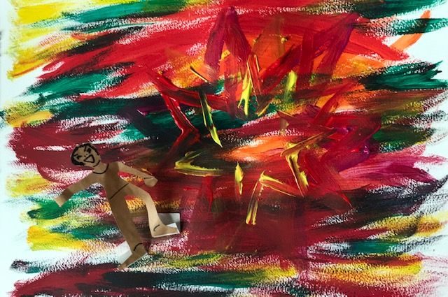 acrylic paint and brown paper cut out