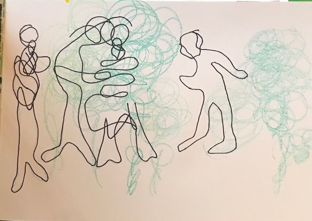 pencil, wax crayon and felt tip