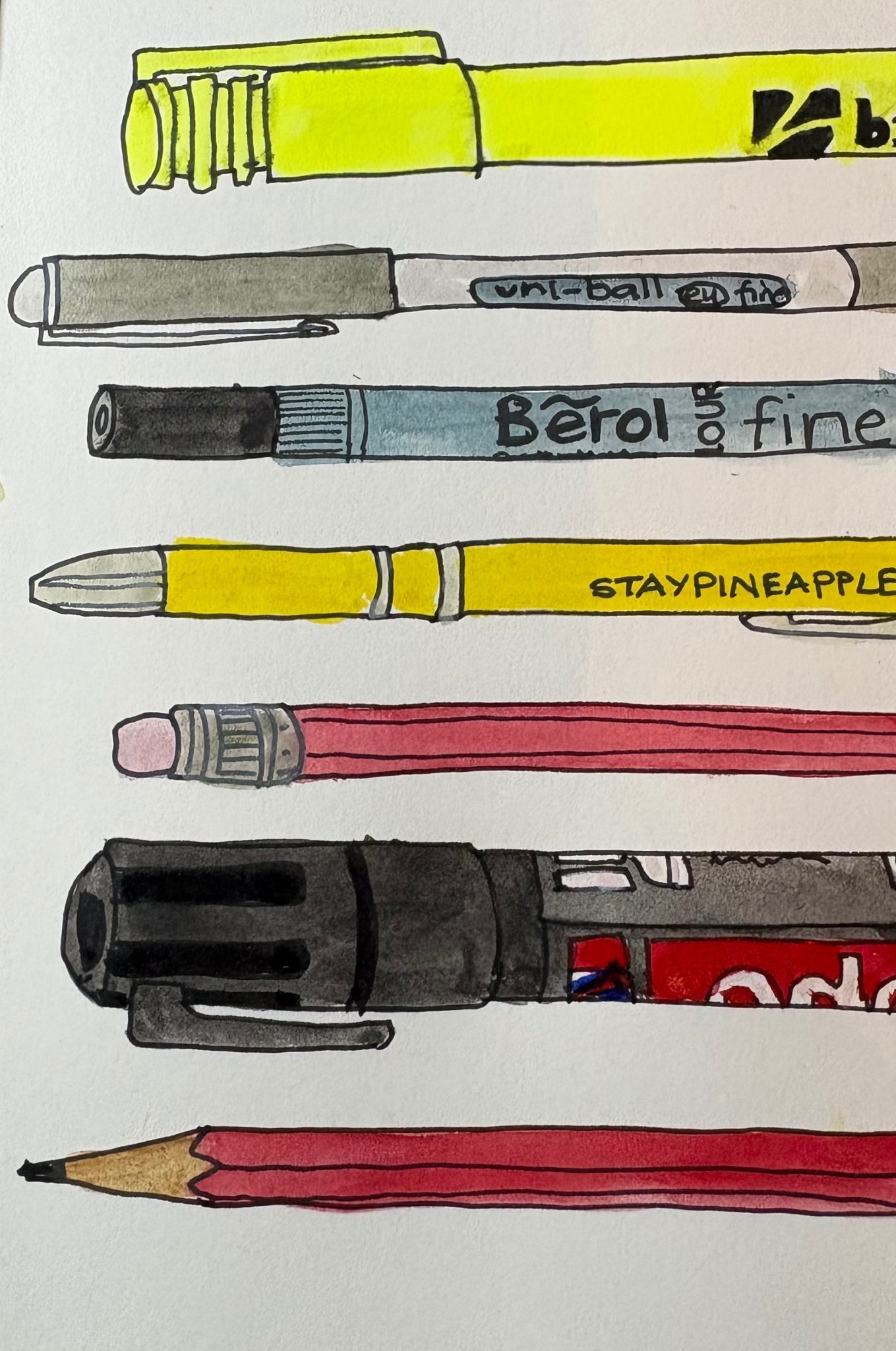 Watercolour painting of several pens and pencils