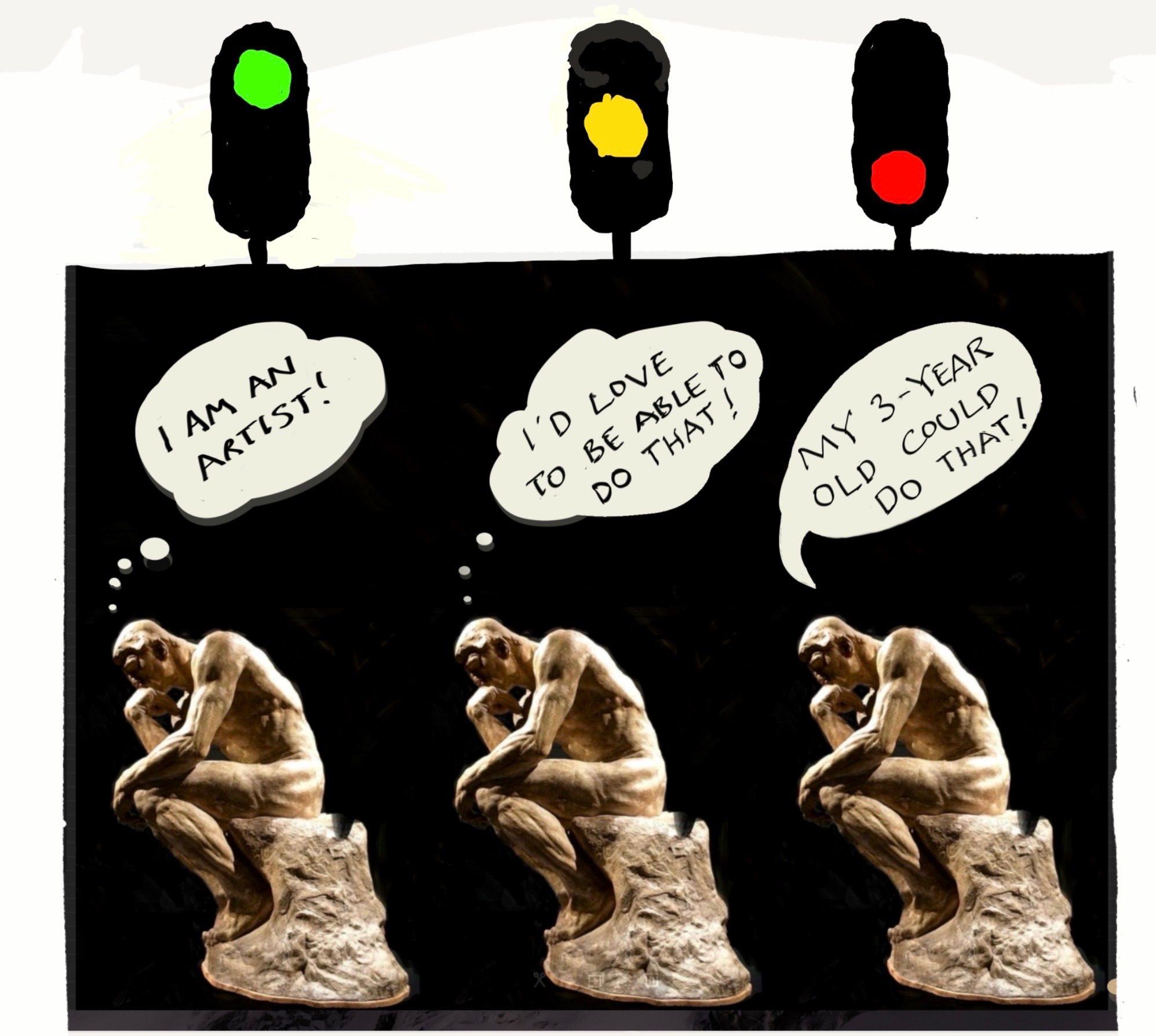 Digital imagery. 3 instances of Rodin’s ‘Thinker’ with positive, aspirational and negative thought/speech bubbles. Above are green, yellow and red signal lights.