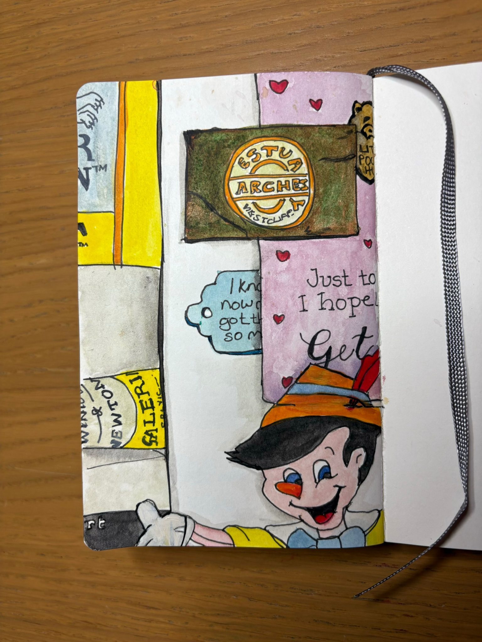 Leaflets, business cards, labels and Pinocchio on a noticeboard painted in watercolour
