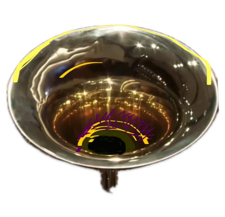 It is a picture of a Tuba instrument just the horn part, the reflections in the highly polished brass is from a music hall which has lights and audience, this is not seen but is background story this all reflects in the lights and colours in the Tuba brass instrument you can see the lights and the purple of the seats in the auditorium.