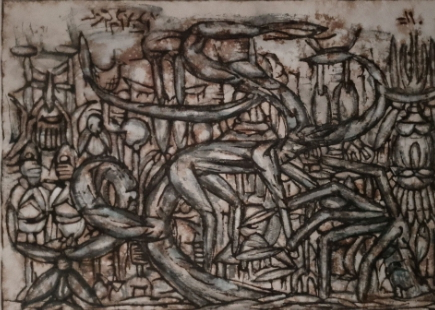 Here’s, depicting the human understanding of the use of the the forest trees and the animals that exists within it. Activities of man in this metaphor as a tree with the shape of an elephant and near it is a phalange in a romantic mood. This informed man that it is a beautiful creature and not any different from the animals man hunts and kill.  A beautiful tree doesn’t last and thus a target of human beatitude. This in turn brings about use without fear of losing it.  In-roads created providing access to and from forest, systematically reducing what forest contributes to life and life’s circle. Degradation ensues and mood of atmosphere puts on what leaves man asking questions, thereafter.