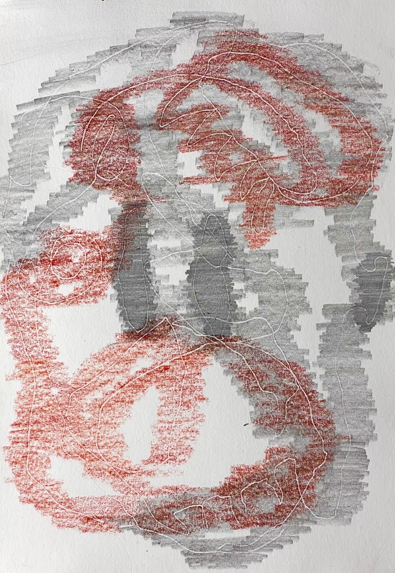 An experimental abstract piece where the artist first carved invisible marks into the paper, only to make them appear by applying layers of red and grey pencils. These scratched white lines emerge from beneath the graphite and pigment like a buried message being brought to light. The contrast between the textured strokes of the pencils and the delicate, organic loops of the revealed patterns creates a sense of something previously masked finally becoming visible.
