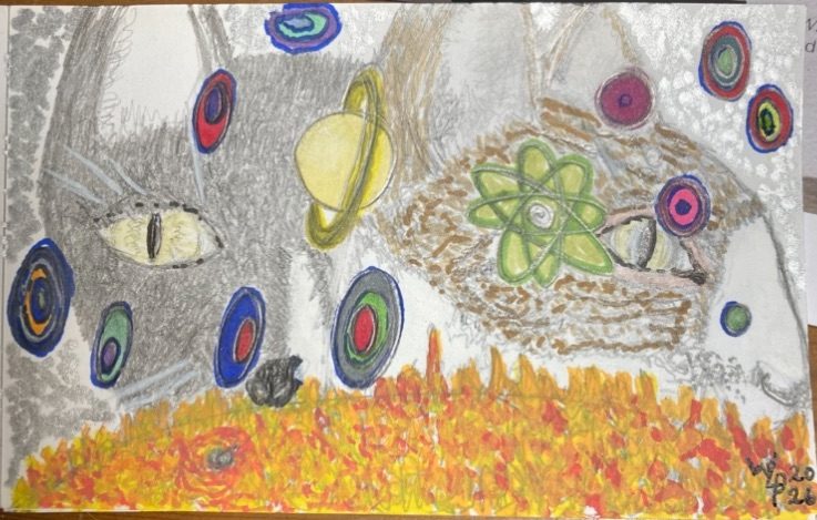 It’s a postcard sized piece that has at the forefront a lot of circles concentric that have different colour bands these are dotted about and no specific pattern, some have 3 circles and some have 4 concentric circles, these have colours of purple, blue, red, yellow, green, pink, these circles some are round others are squashed a little so they are cooked egg shape, there is in the middle a small picture drawn and colours of Saturn with its rings and a nuclear energy symbol in green lines. On the bottom of the postcard sized piece of work is a semicircle not round but from edge to edge a flat round object that is the sun, this is a representation of the close up of the sun with red, yellow and red stripes dots and squiggles that describe the pictures they have of the sun it is a little raised in detail along the suns edge and shows a dark spot with red and orange whirlpool around this dark spot on the sun. In the background taking up the space is a half picture of a black cat, my cat that has yellow eyes and is looking at the viewer, she has a half white nose and it’s half her face in the left of the picture. On the right side of this postcard is another cat looking to the right and his ear is just behind the Saturn and the nuclear power energy sign, he has different coloured fur with beige, dark brown and white detailed marks, with the dark marks of his tabby mask and he has a white nose and jawline, these two figures cover the back space, one looking at the viewer and one looking away to the right but squished together so only the black cats face is half seen with just one eye looking. The title is called “Me and The Cats Watching Magpies”