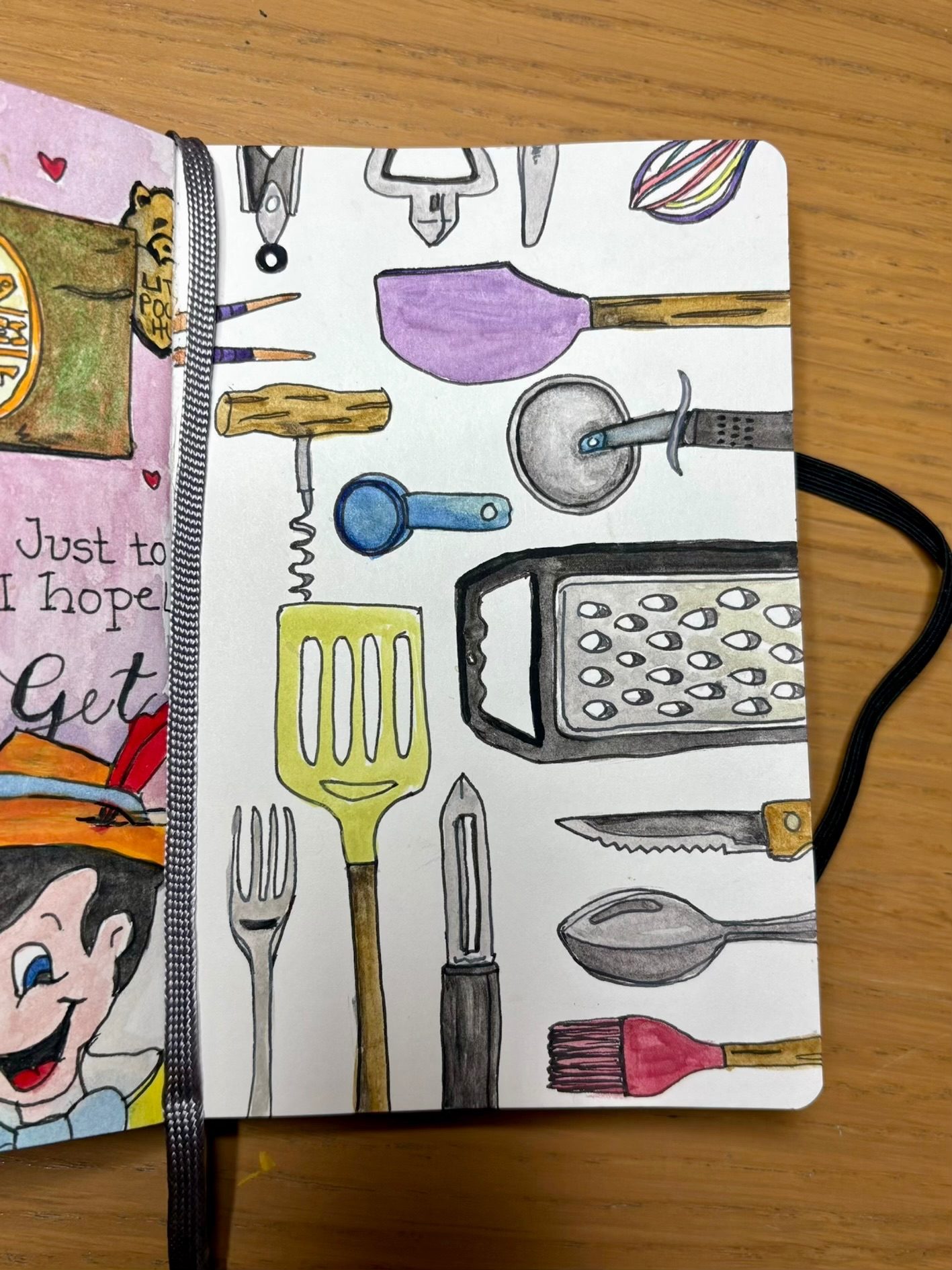 Various kitchen utensils drawn in pen painted with watercolour