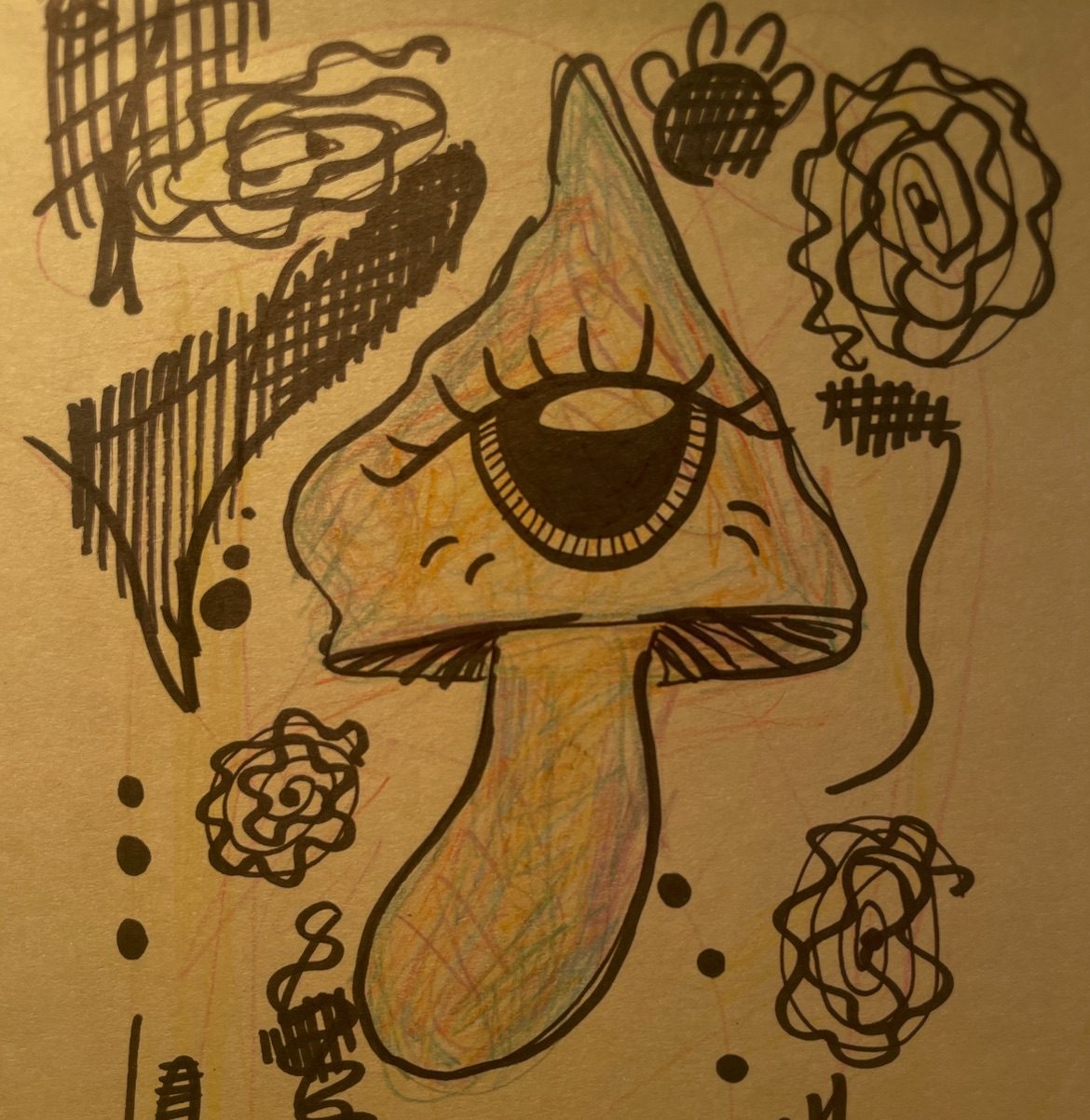 A multicolored mushroom with an eye and random scribbles
