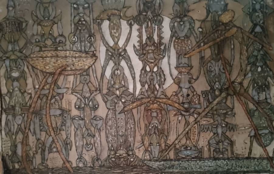 Here’s, depicting a water way farer in search of self. And along the way in the journey a hand bopping up from the water depth with a gift. And while the sun sets, we have the silent faces.