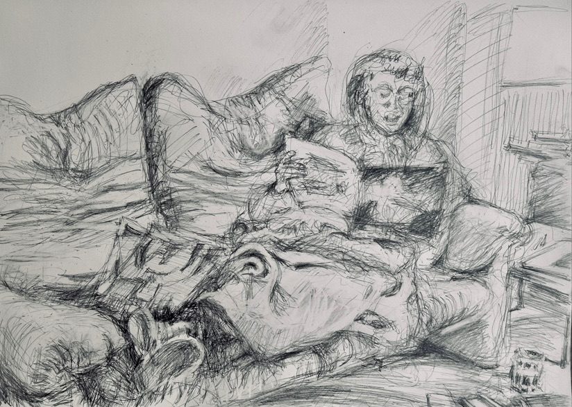 Drawing of woman lying on sofa with rug and reading newspaper with others scattered