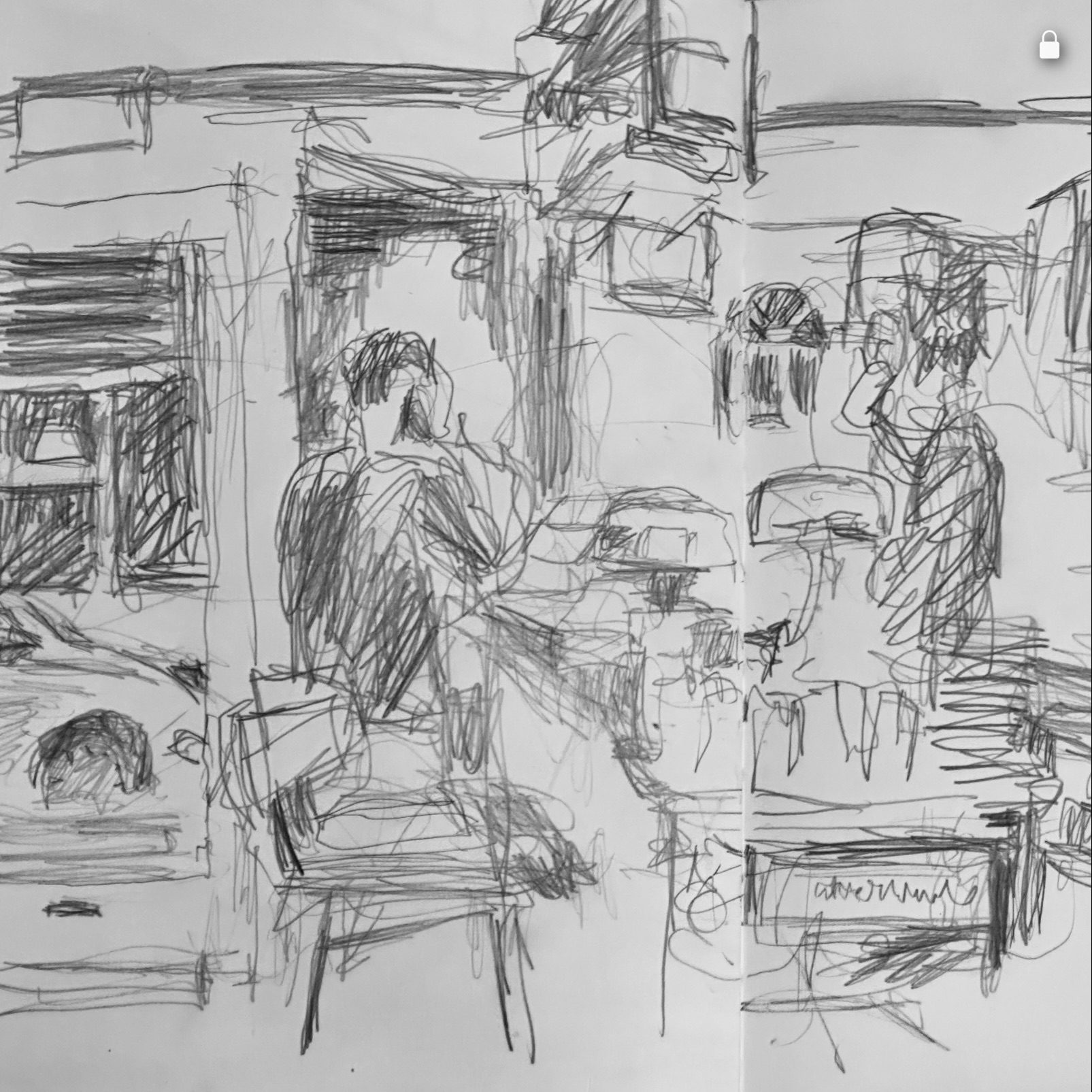 Pencil sketch of interior of bar