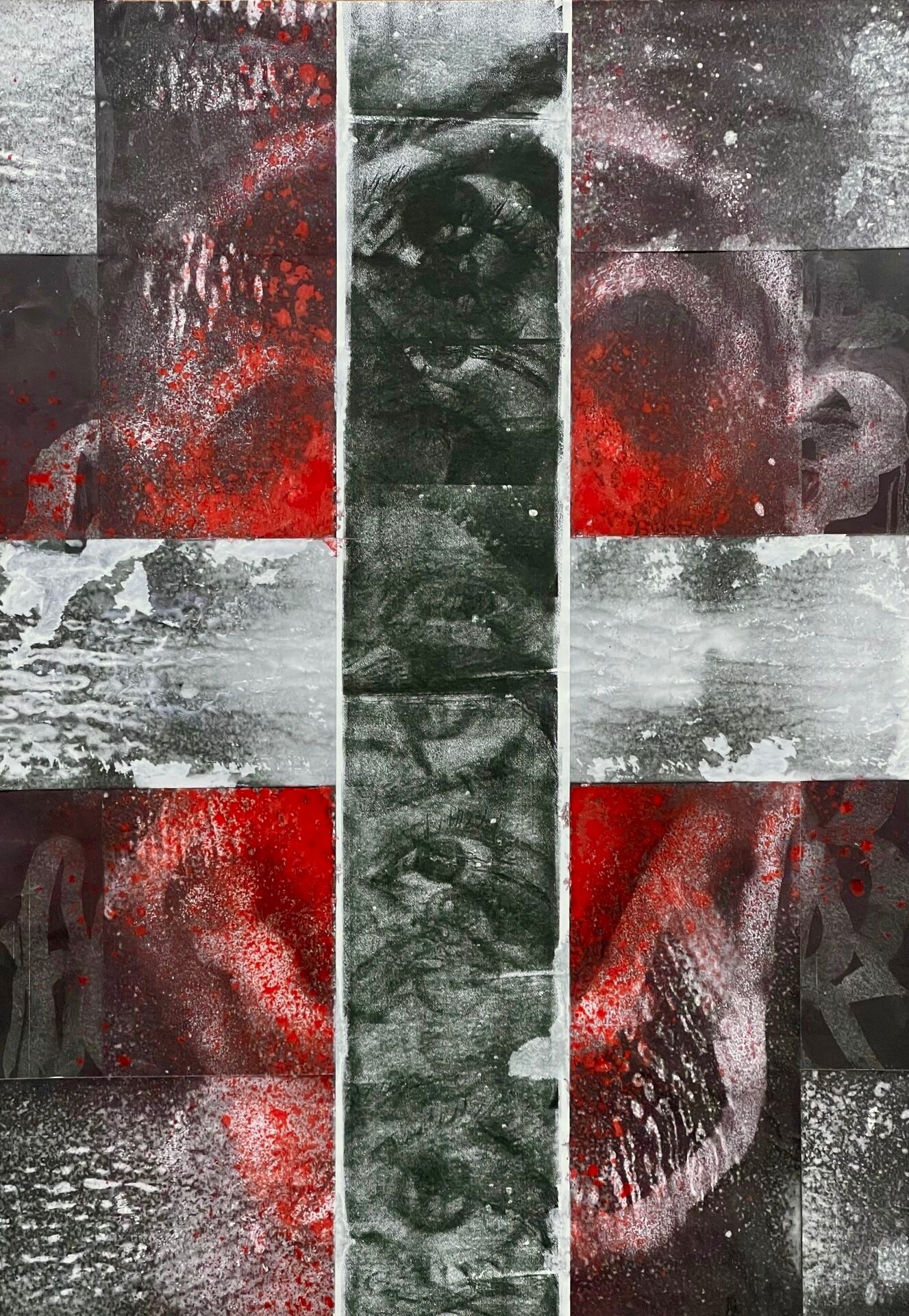 A mixed-media composition dominated by a stark black and white cross that divides the frame. Behind this rigid structure, a human portrait is partially visible, appearing to be trapped or observed through the grid. The central vertical axis features a sequence of realistic, monochromatic eyes, while the outer sections are filled with raw red textures and splatters. This layering suggests a profound tension between the cold, structural authority of the cross and the vulnerable, visceral human element hidden beneath.