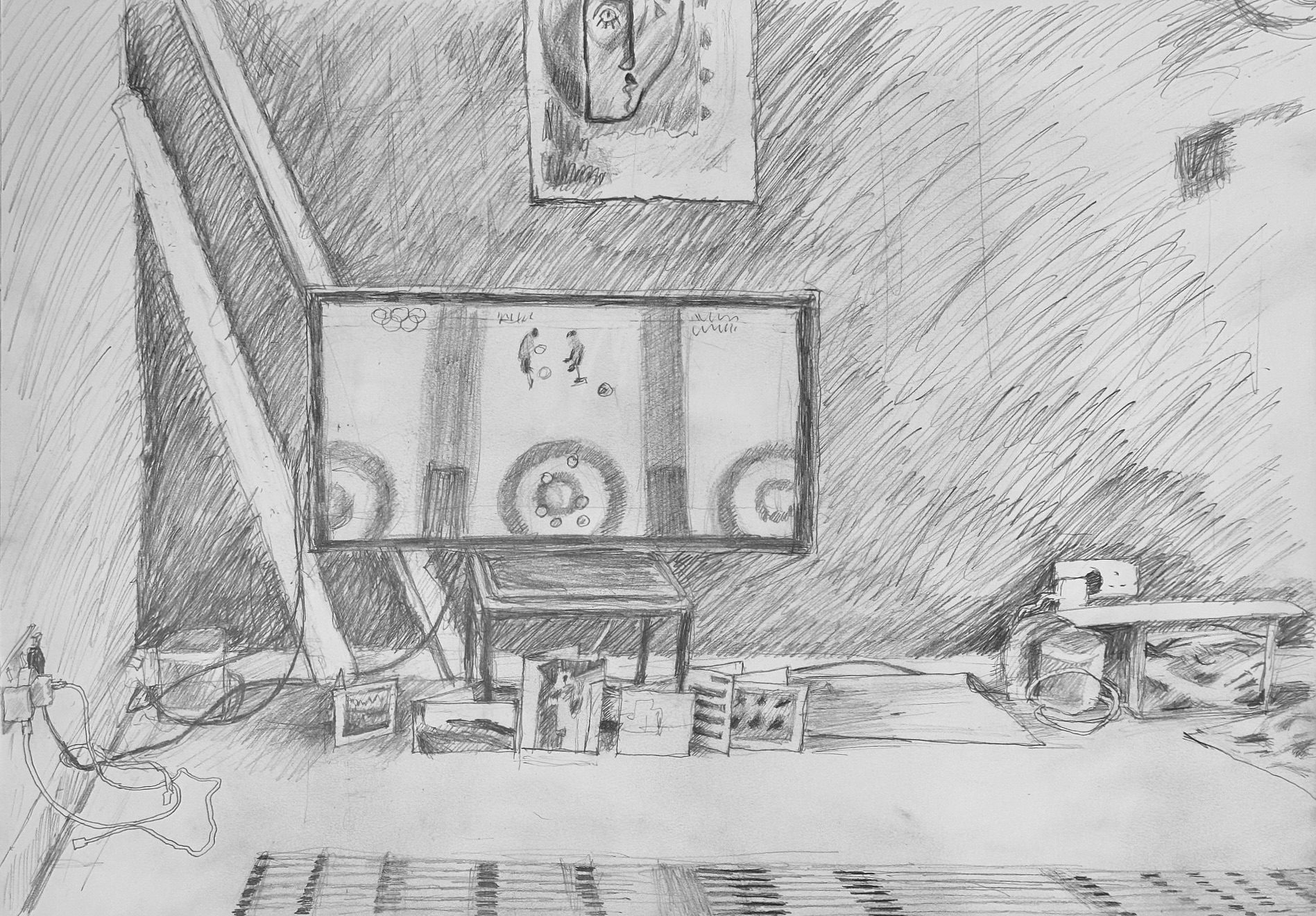 Pencil drawing of living room interior showing tv showing Olympic Games curling