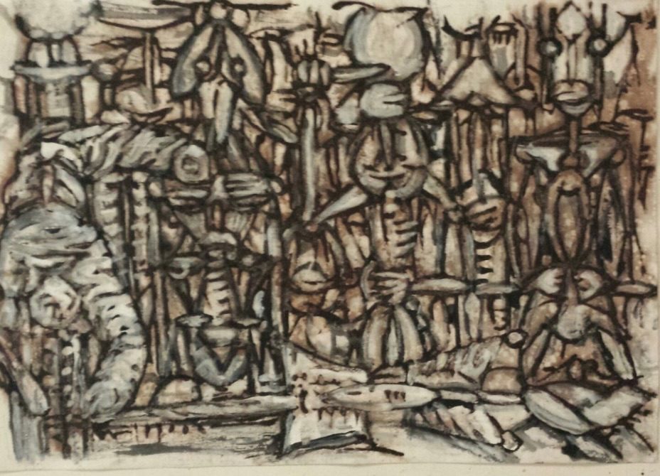 Here’s, depicting the sango’s wand. The axe shaped totem of sango’s instrument of thunder invocation. And all the background, we have the silent faces while sango’s hand reaches out to the wand for fire dance step.