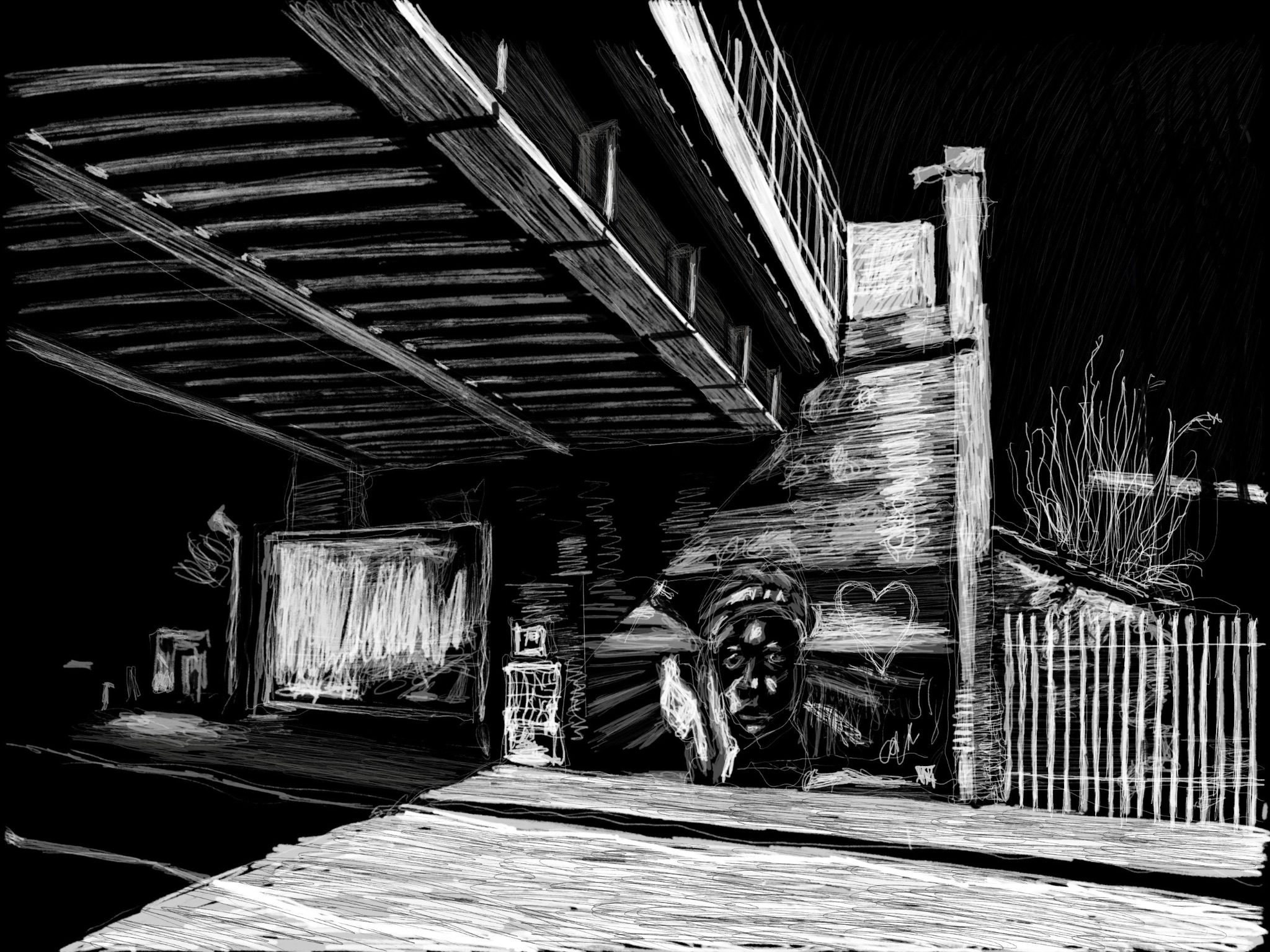 Inverted negative monochrome drawing on iPad of bridge over road with graphic artwork on abutment wall