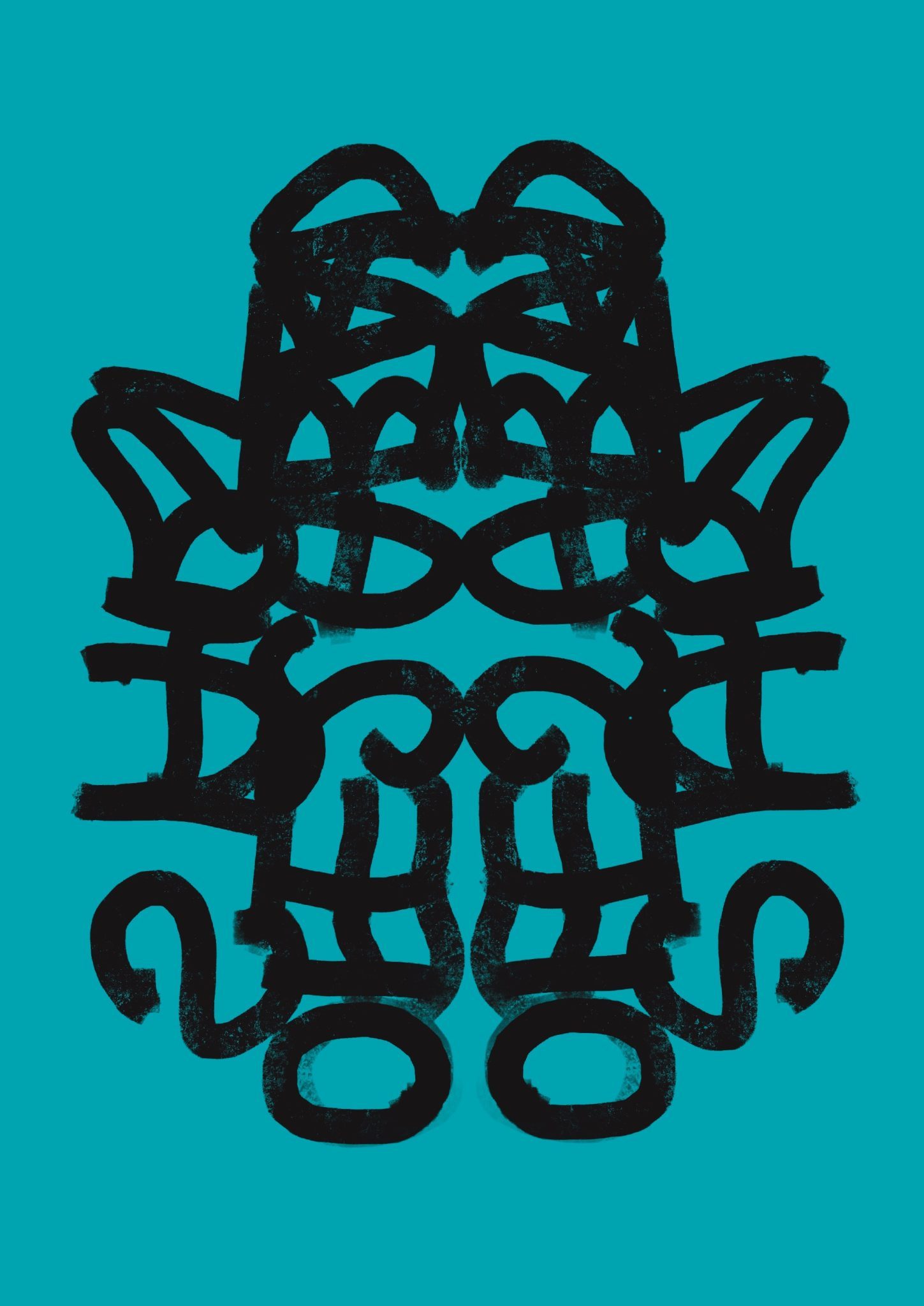 A digital scrawl of the words ‘Off 2 A Bad Start’ in black on a teal background that has been reflected to create a pareidolic character