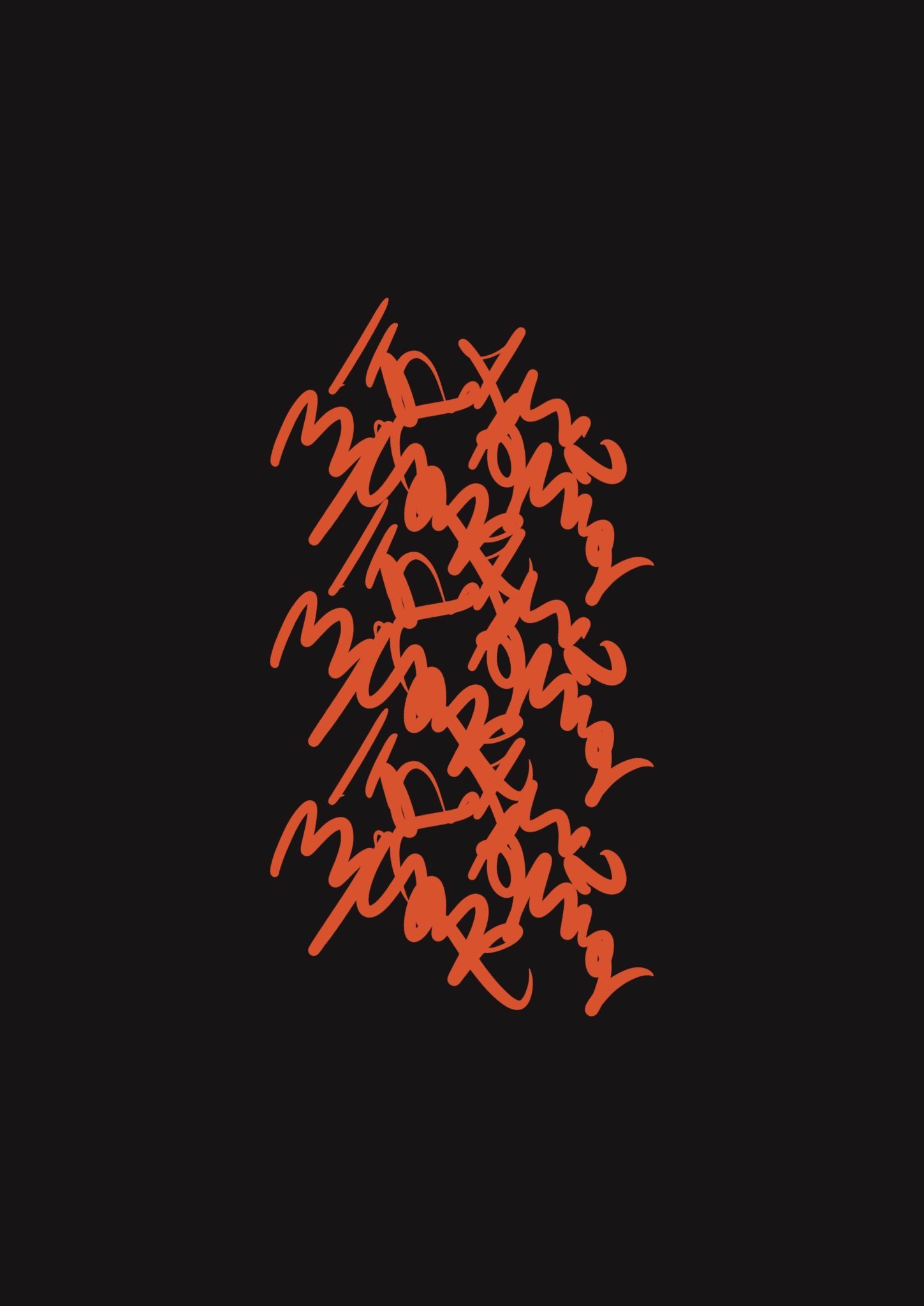 Digital text based artwork. Red scrawled writing describing process in words as well as being the visual outcome. Black Background. Use of repetition.