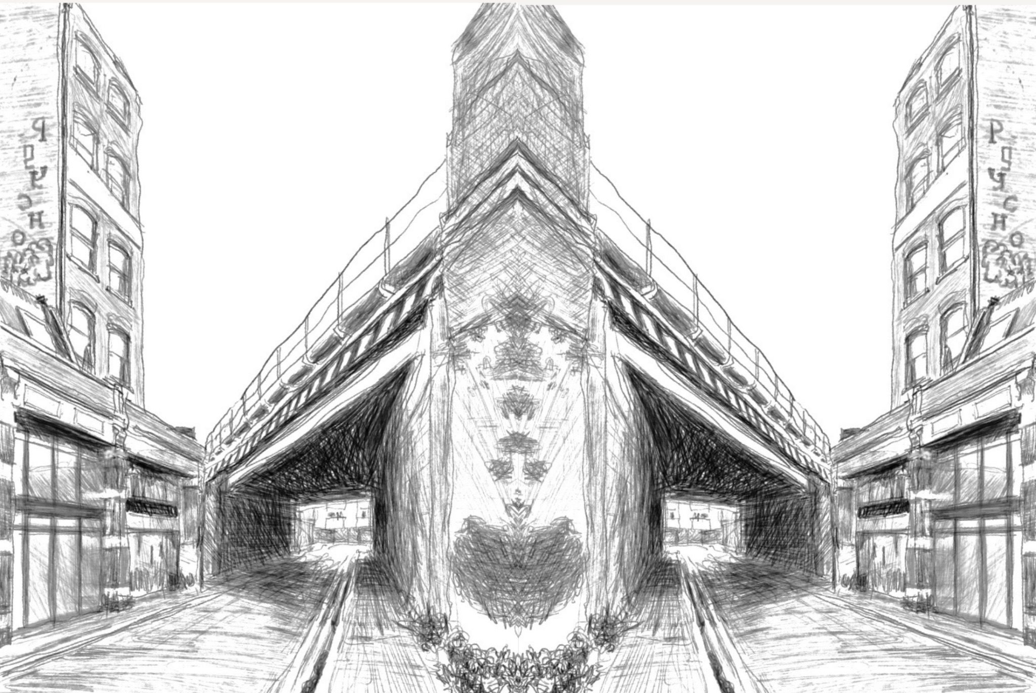 iPad drawing of a bridge with mirrored copy placed next to one side resulting in a different perception of the perspective. Also, weathered marks near the common edge when mirrored now look like an alien face.