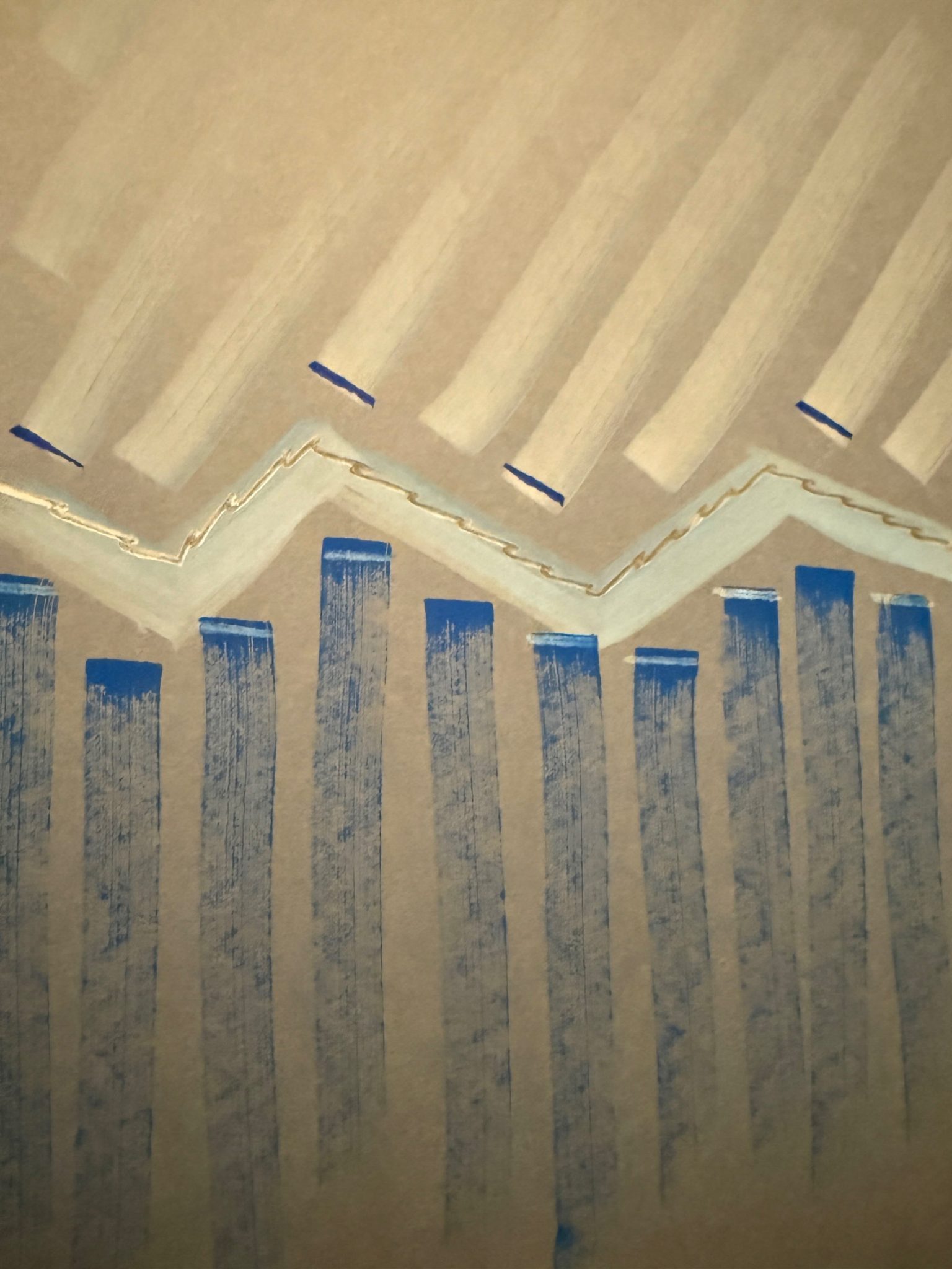 The page is split in two from the top down. White marker lines are on the left, blue on the right. There are blue marks on the beginning of the white marks and vice versa. A wave pattern cuts through the middle from top to bottom.