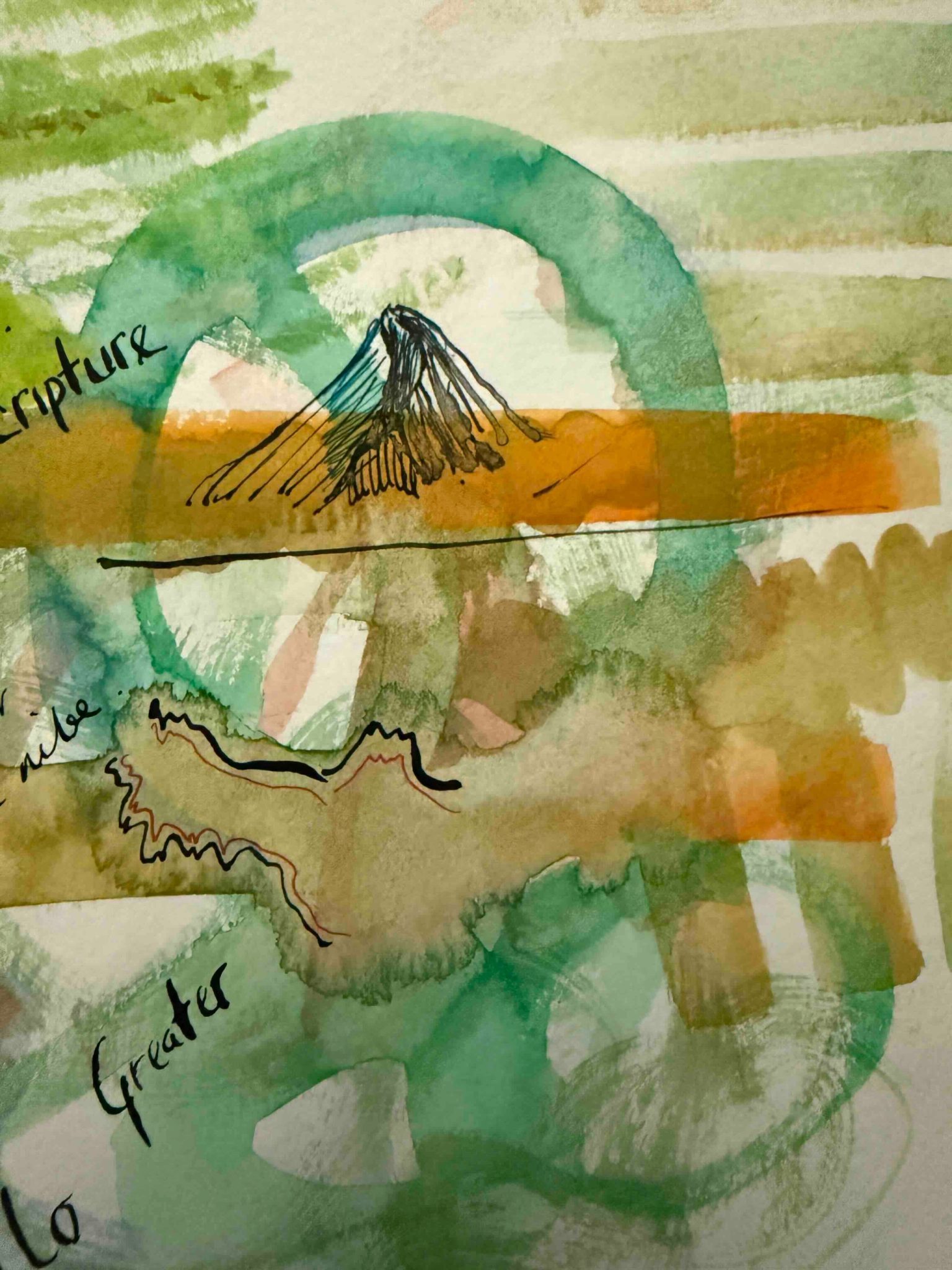 Paint marks from brushes which are random. Three words barely readable on the left 'ripture' 'nibe' and 'Greater', There is a small mountain in the middle of a painted circle. It's messy.