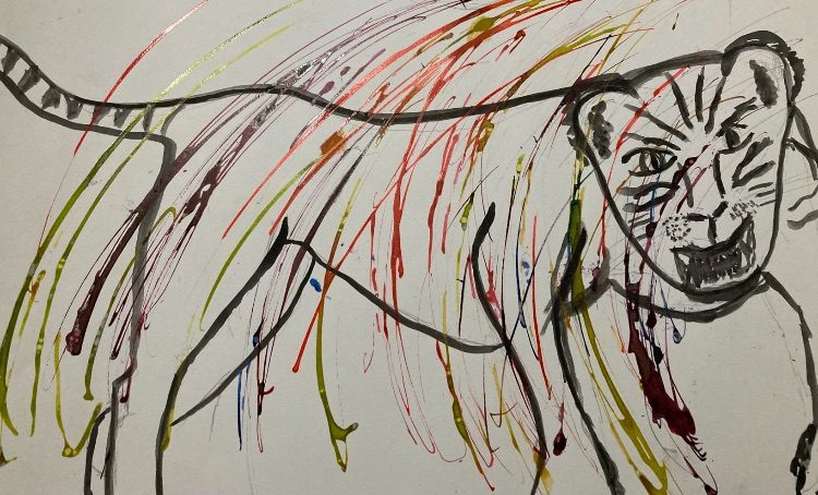 This is a A3 size paper previously had stripes of different coloured inks in one direction of a semi circular strokes across the paper in the same directions with various inks of yellow purple green blue etcetera, the new work is of a Tiger with only an outline on top of the old picture with its tail going off the page to the left and it has its face towards the viewer on the right it’s face has stripes of black Chinese ink and some triangles on the tail, as is the outline of the Tiger but has no other details just the Tigers outline of its legs and paws with claws, the stripes of the previous picture I was hoping would  make the Tiger quite abstract and fill out the stripe details of the Tiger, I’m not great at drawing animals so it looks like a medieval Tiger that no one had seen this animal before. The Tigers face is a little detailed and looks angry, I wanted to keep it abstract and let the coloured stripes of the previous work speak for this piece. Title is Angry Medieval Tiger doesn’t like it’s coloured stripes