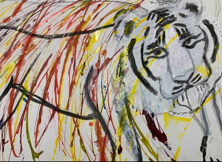 It is a redo of the picture of a Tiger I did yesterday. It is A3 size paper with ink stripes in a loose semi circular fashion across the page in Yellow, Orange, light Green, Red, some purple stripes very loose and non conformist, there was a Tiger as second piece of yesterdays prompt of rework an old piece of work so as it was abstract lines of colourful ink I wanted to lay onto antigens out line made of Chinese stick ink, the face looked very amateur so I painted out the face today for the title “right a wrong, or wrong a right” so as the face of the Tiger was very wrong and looked even worse that a medieval picture of someone that’s never seen a Tiger, I looked at a reference photo on Google and so the Tigers face is a lot more representative of a tiger I have made the legs more chunky but not altered then much and it’s still a stripey abstract colourful piece with an outline of the Tiger with detail on the Tigers face only in Chinese stick ink very loose so I hope I have made amends to the animal world and it is a work in progress and Titled “Memory Fades So Look At A Picture” WIP