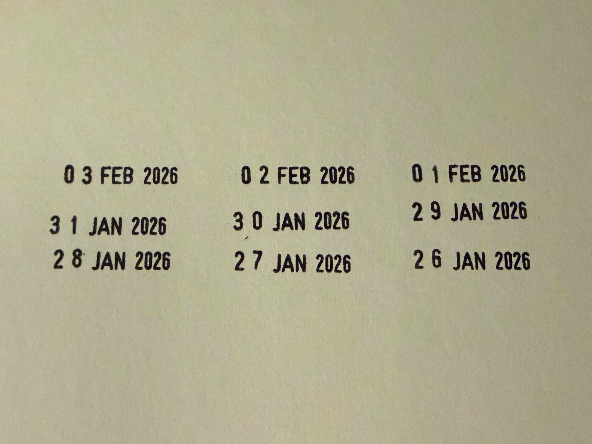 Stamped dates going back nine days beginning 3rd February 2026. Three rows, three columns.